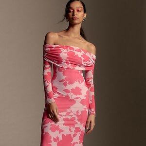 Pink Maxi Anthropologie dress off-the-shoulder and long sleeve. Never worn!